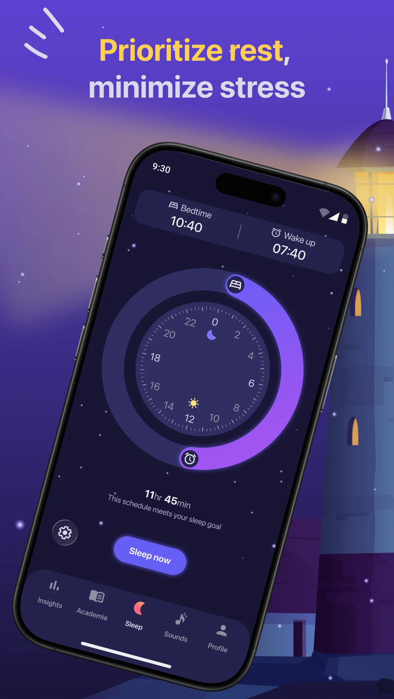 Sleep Tracker app - main sleep screen with alarm clock